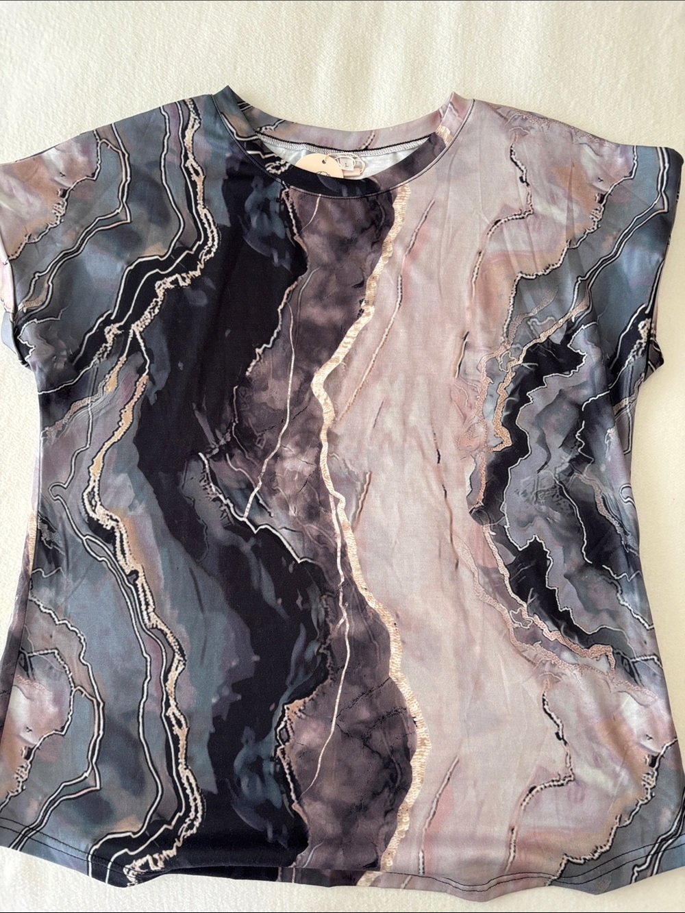 Women's Marble-Print Short Sleeve Top - Black &  Beige, size Large